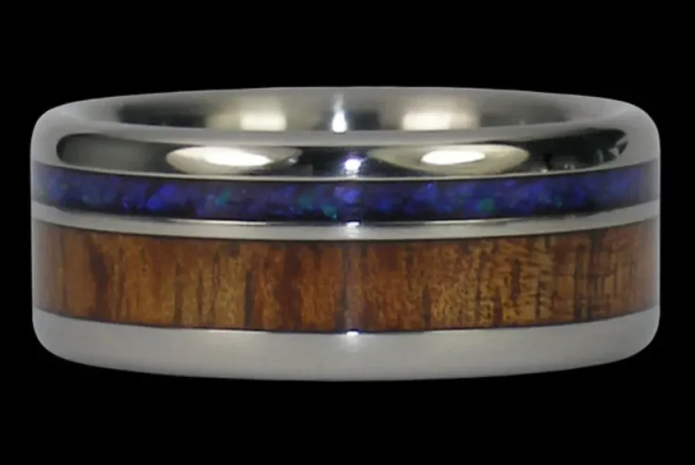 Black Opal And Dark Koa Wood Hawaii Titanium Ring