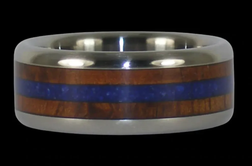 Blue Lapis And Hawaiian Koa Wood Titanium Ring