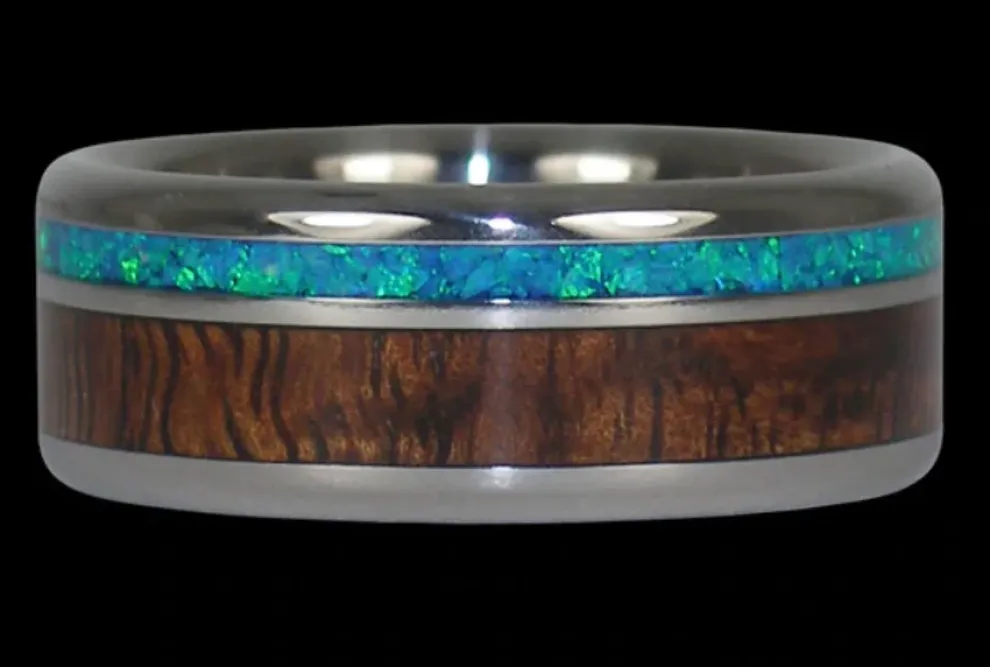 Blue Opal And Hawaiian Koa Titanium Ring