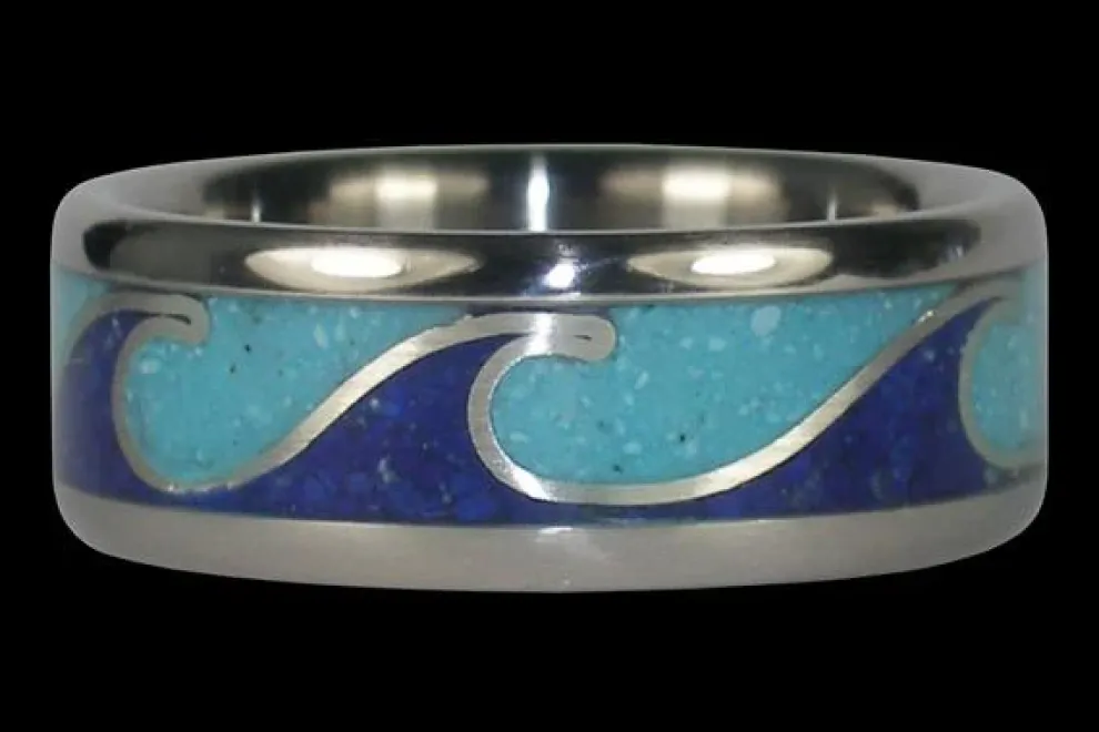 Blue Turquoise And Lapis Wave Titanium Ring