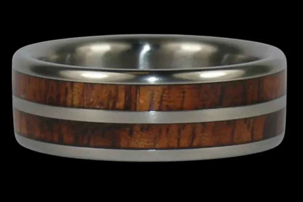 Double Koa Wood Inlay Titanium Ring