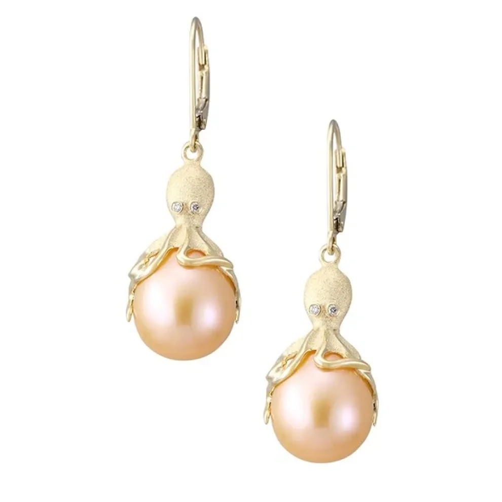 Gold Octopus Earrings With Peach Fresh Water Pearls & Diamonds
