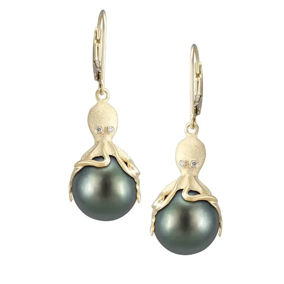 Gold Octopus Earrings With 11Mm Tahitian Pearls & Diamonds