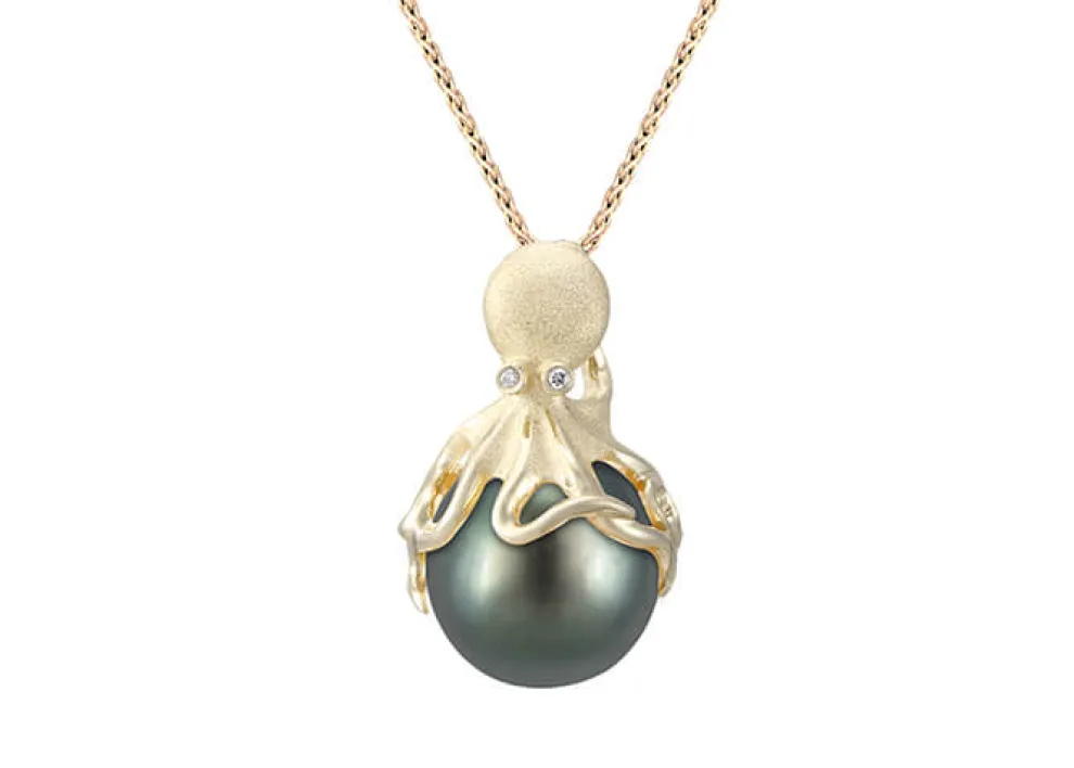 Gold Octopus Pendant With 11Mm Tahitian Pearl & Diamonds
