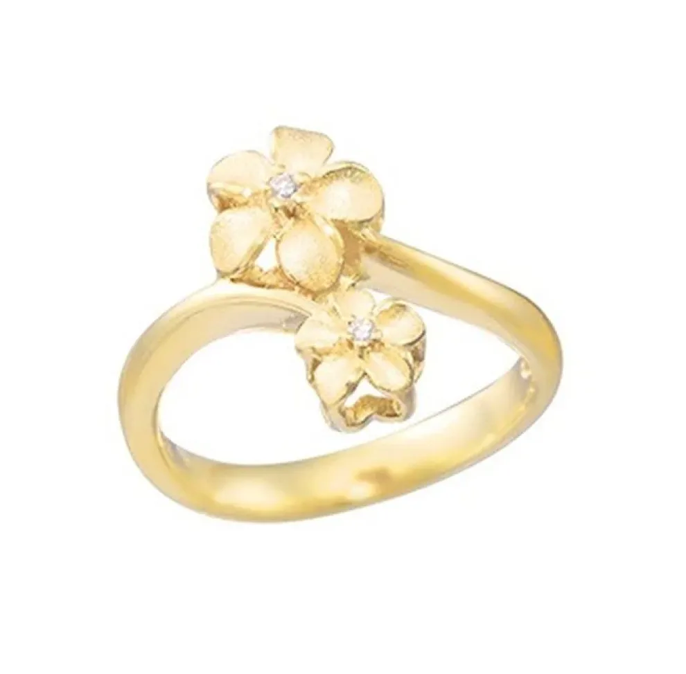 14K 6 & 8Mm "Hang 5" Plumeria Ring With 2 Diamonds