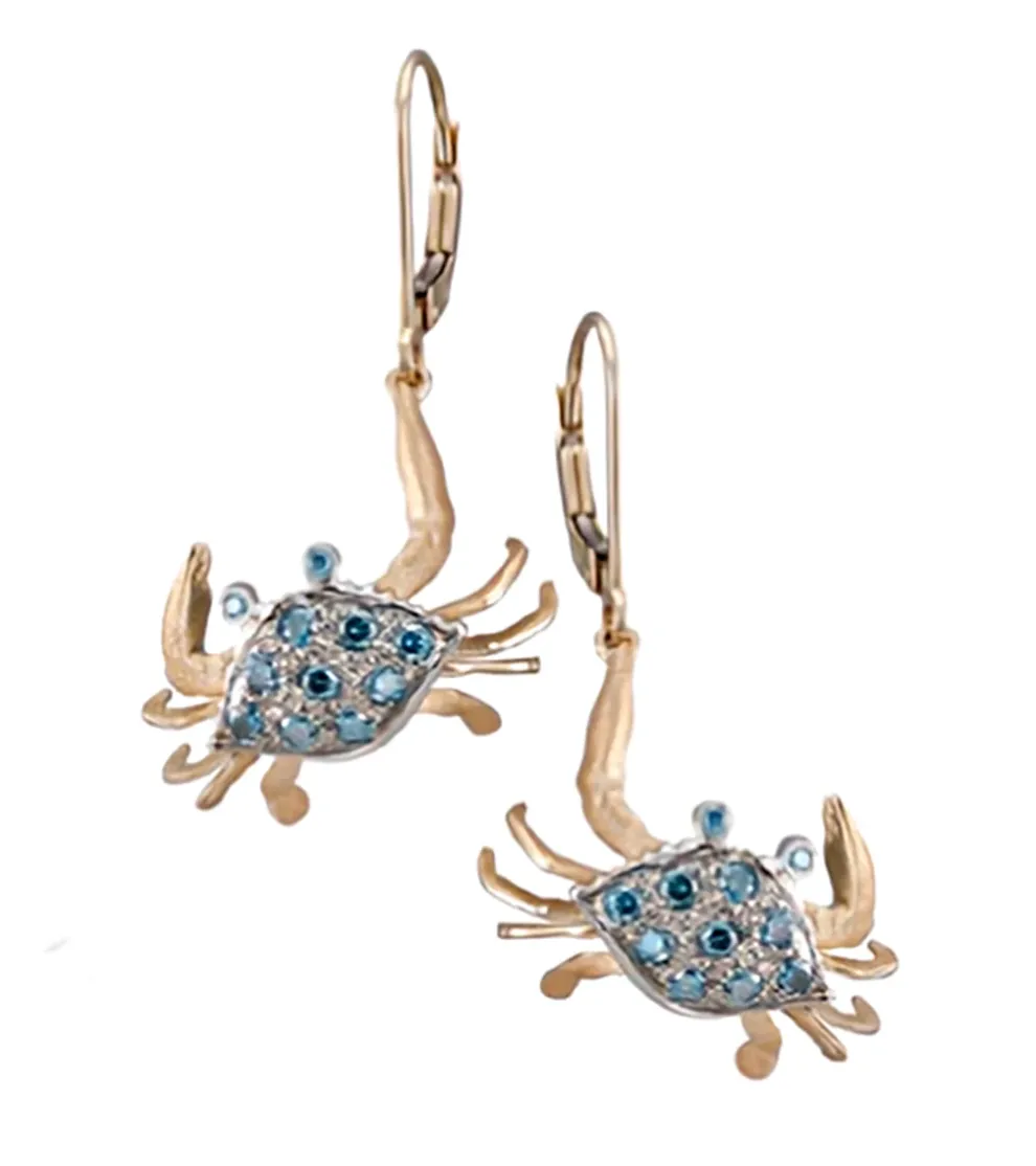 14K Crab Earrings With 22 Blue Diamonds