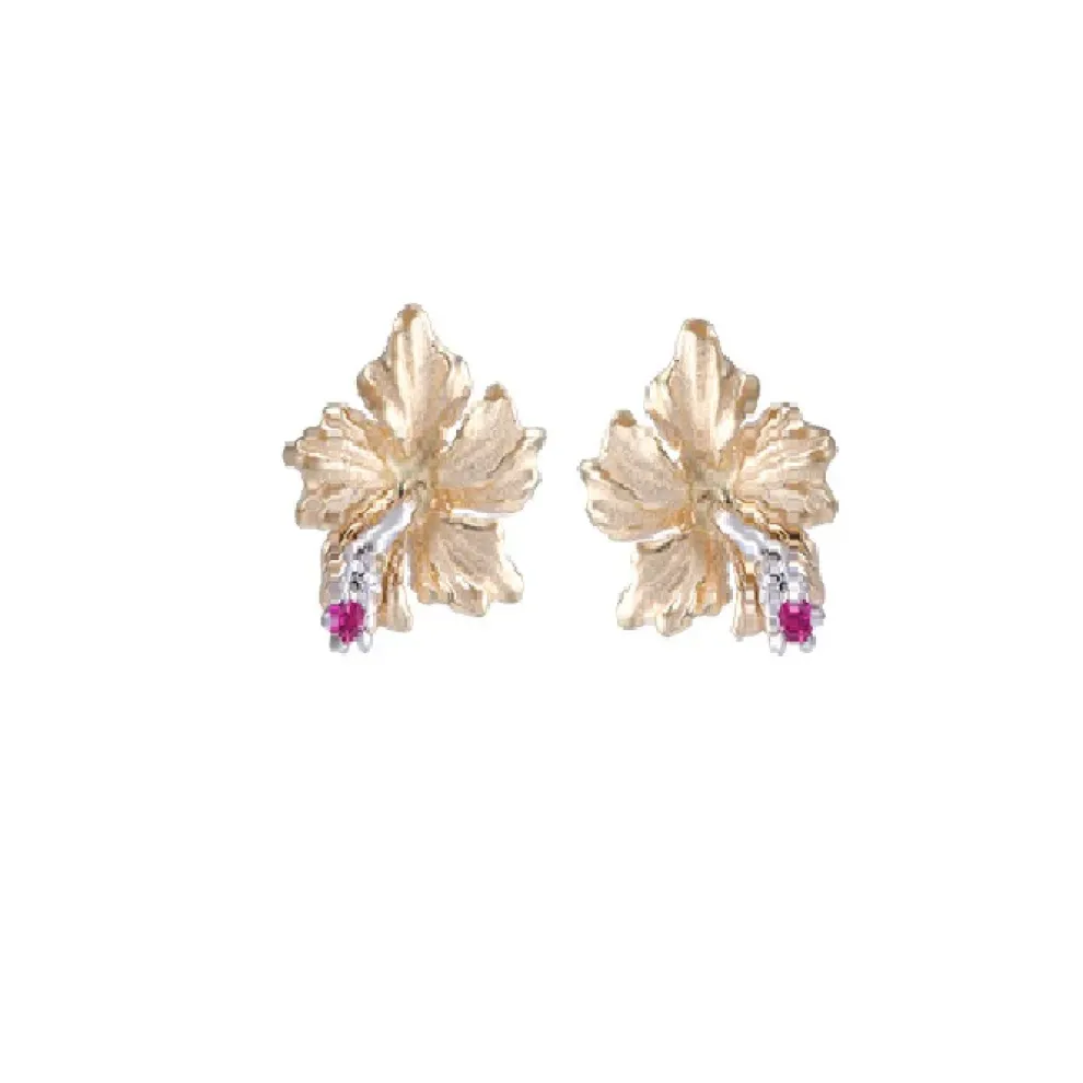14K Hibiscus Earrings With 2 Rubies & 2 Diamonds