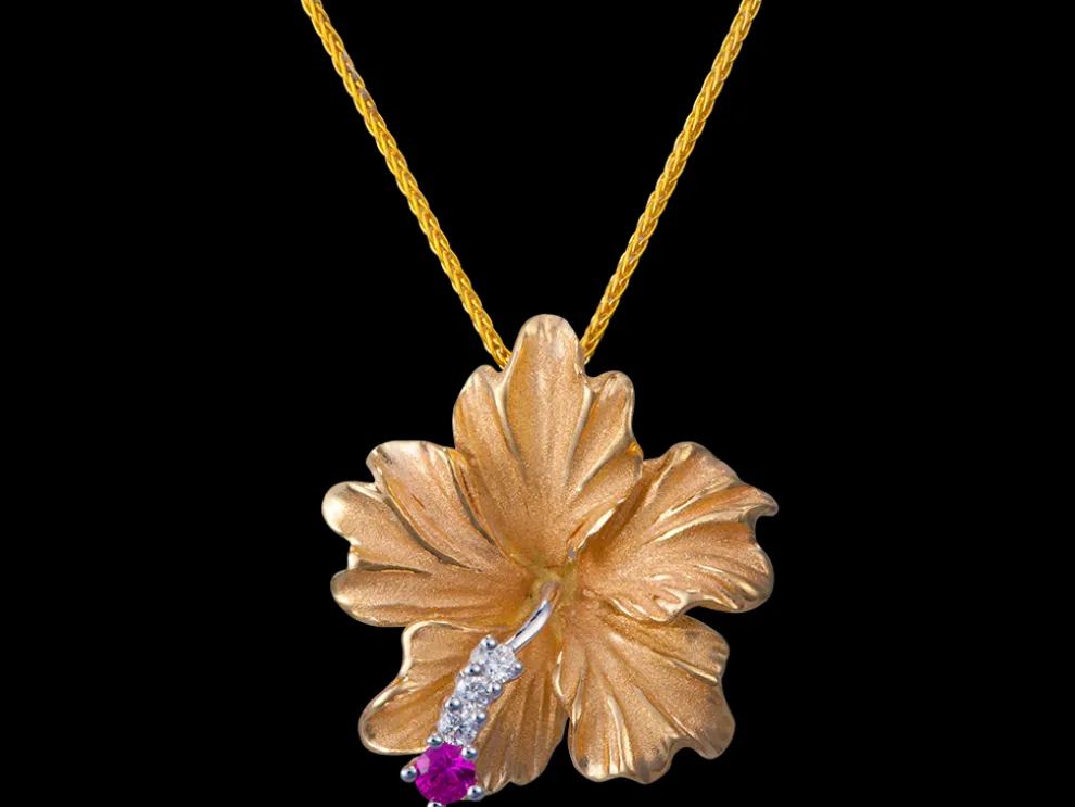 14K Hibiscus Pendant With 3 Diamonds And Ruby