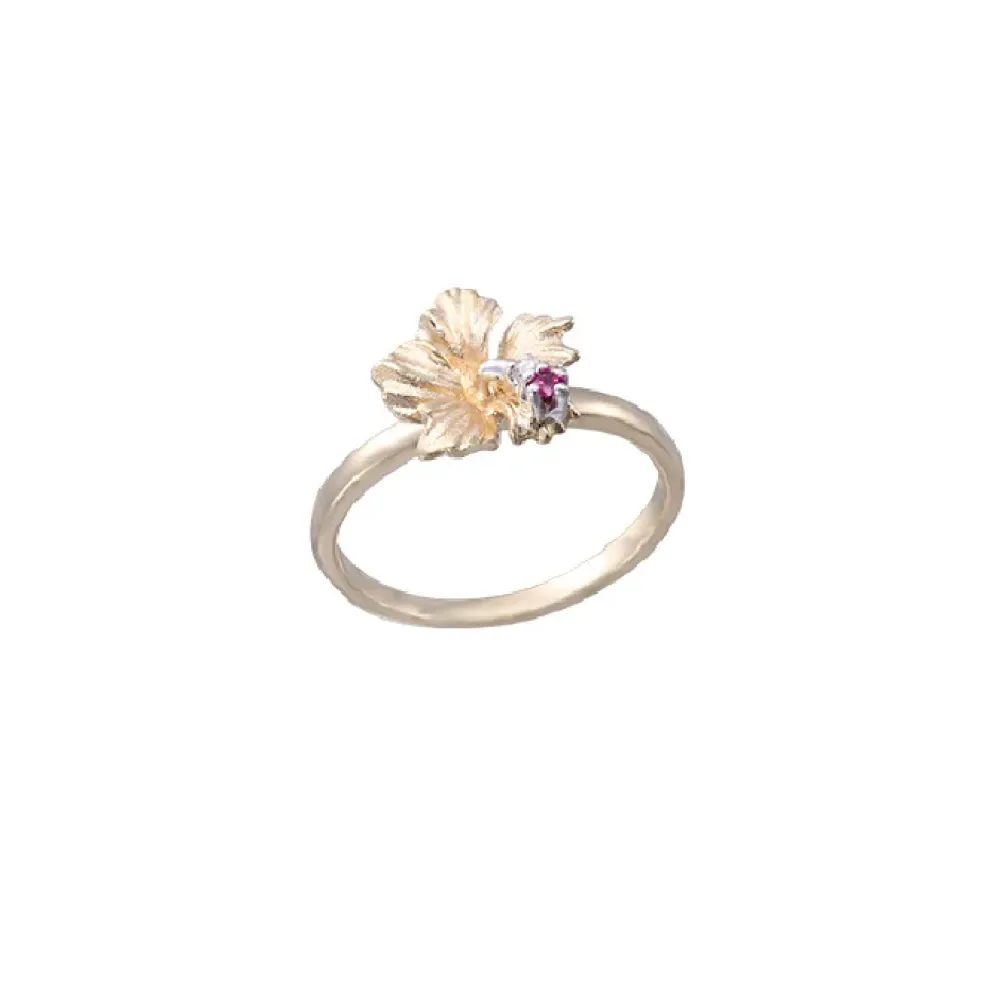 14K Hibiscus Ring With 0.015Ct Ruby And 0.02Ct Diamond