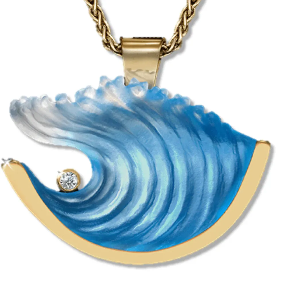 14K Large Yellow Gold Wave Pendant With Diamond