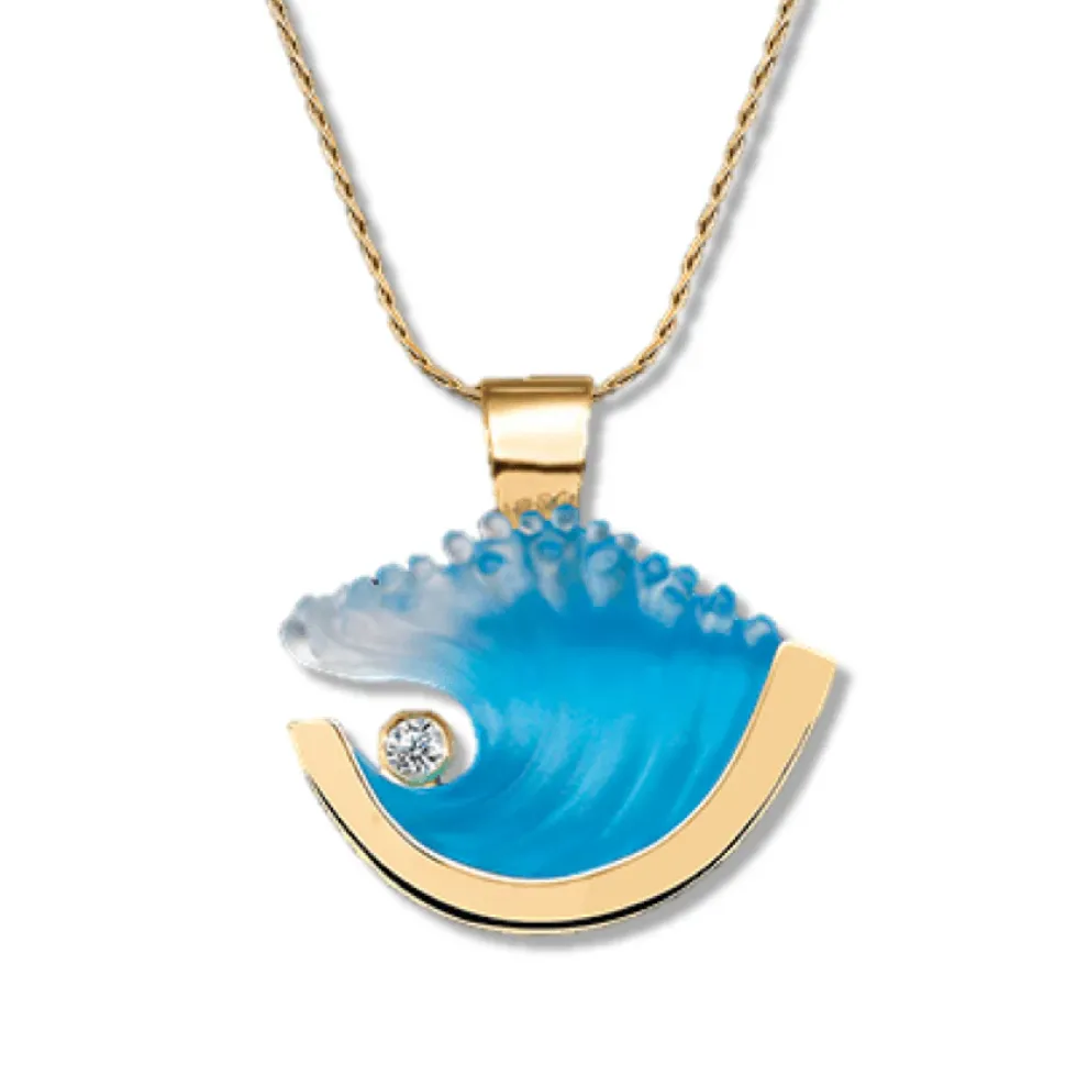 14K Medium Yellow Gold Wave Pendant With Diamond