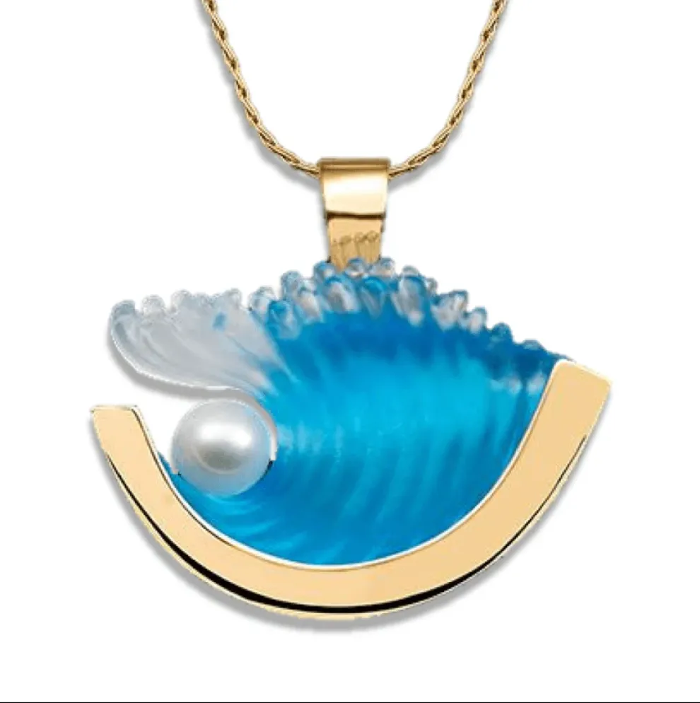 14K Medium Yellow Gold Pearl Wave Pendant