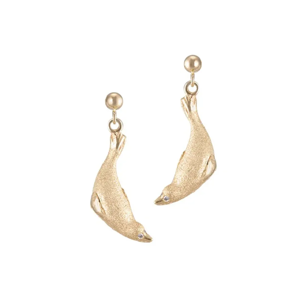 14K 20Mm "Diving" Seal Ball Post Earrings With 4 Diamonds