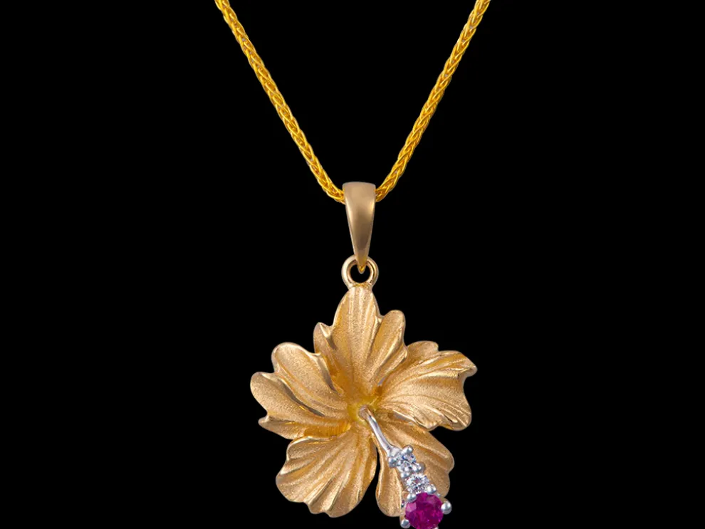 14K 15Mm Hibiscus Pendant With 2 Diamonds And Ruby