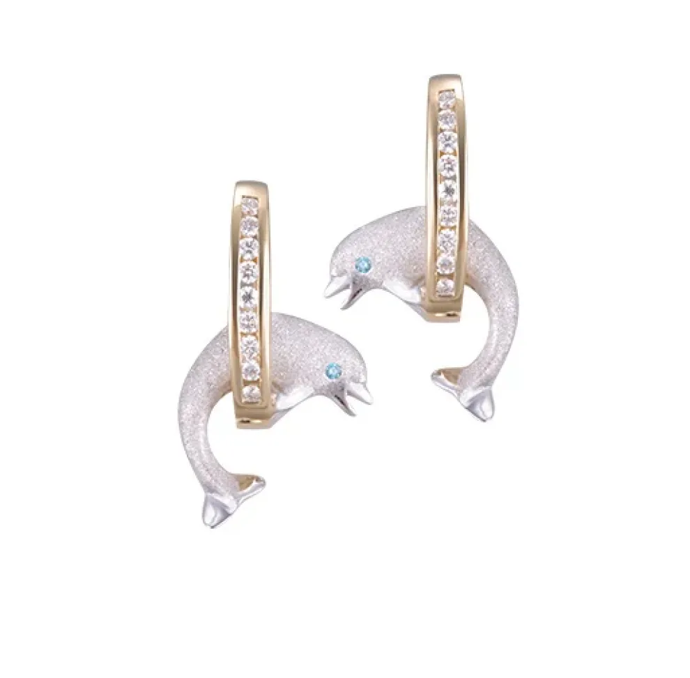 14K 15Mm "Jumping Loop" Dolphin Earrings With 18 Diamonds
