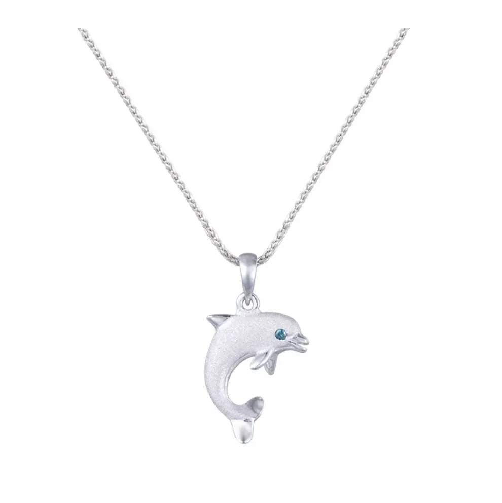 14K 15Mm "Jumping Single" Dolphin Pendant With 0.01 Carat Blue Diamond
