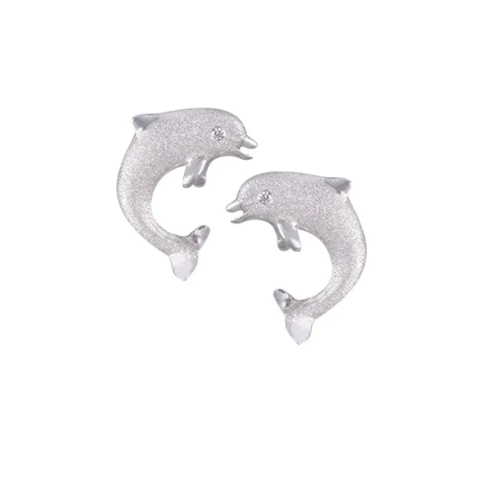 14K 15Mm "Jumping Single" Stud Dolphin Earrings With 2 Diamonds