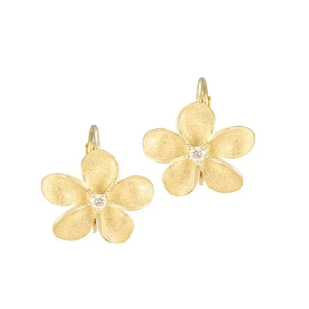 14K 13Mm Plumeria Earrings With 2 Diamonds
