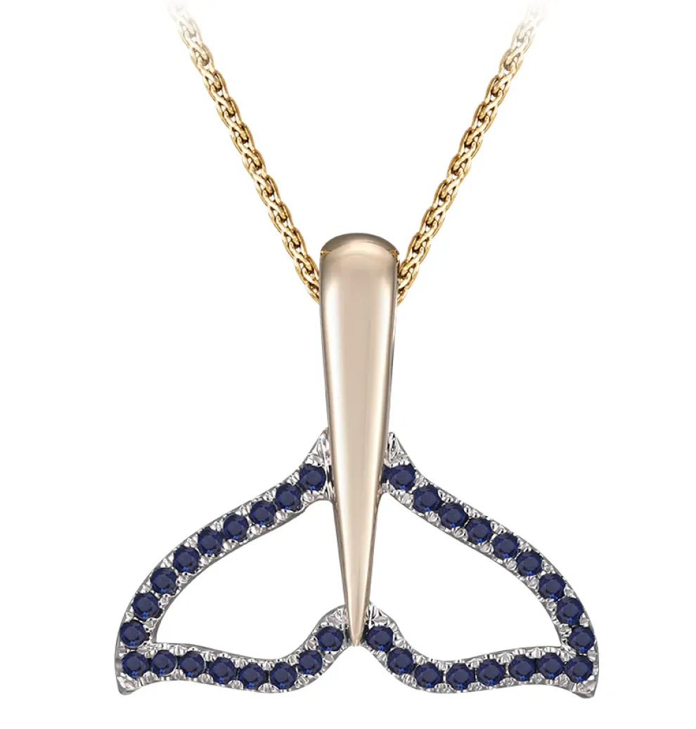 14K 20Mm Whale Tail Pendant With 34 Blue Sapphires
