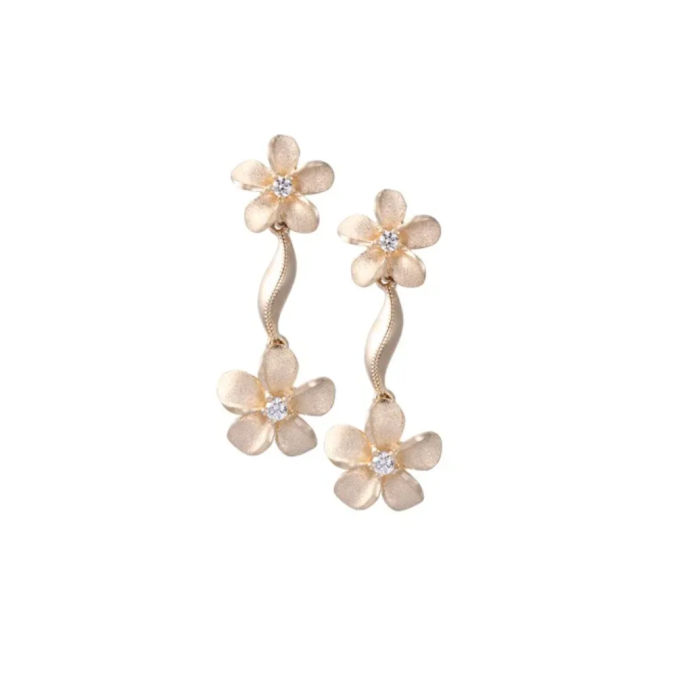 14K Plumeria Earrings With 4 Diamonds