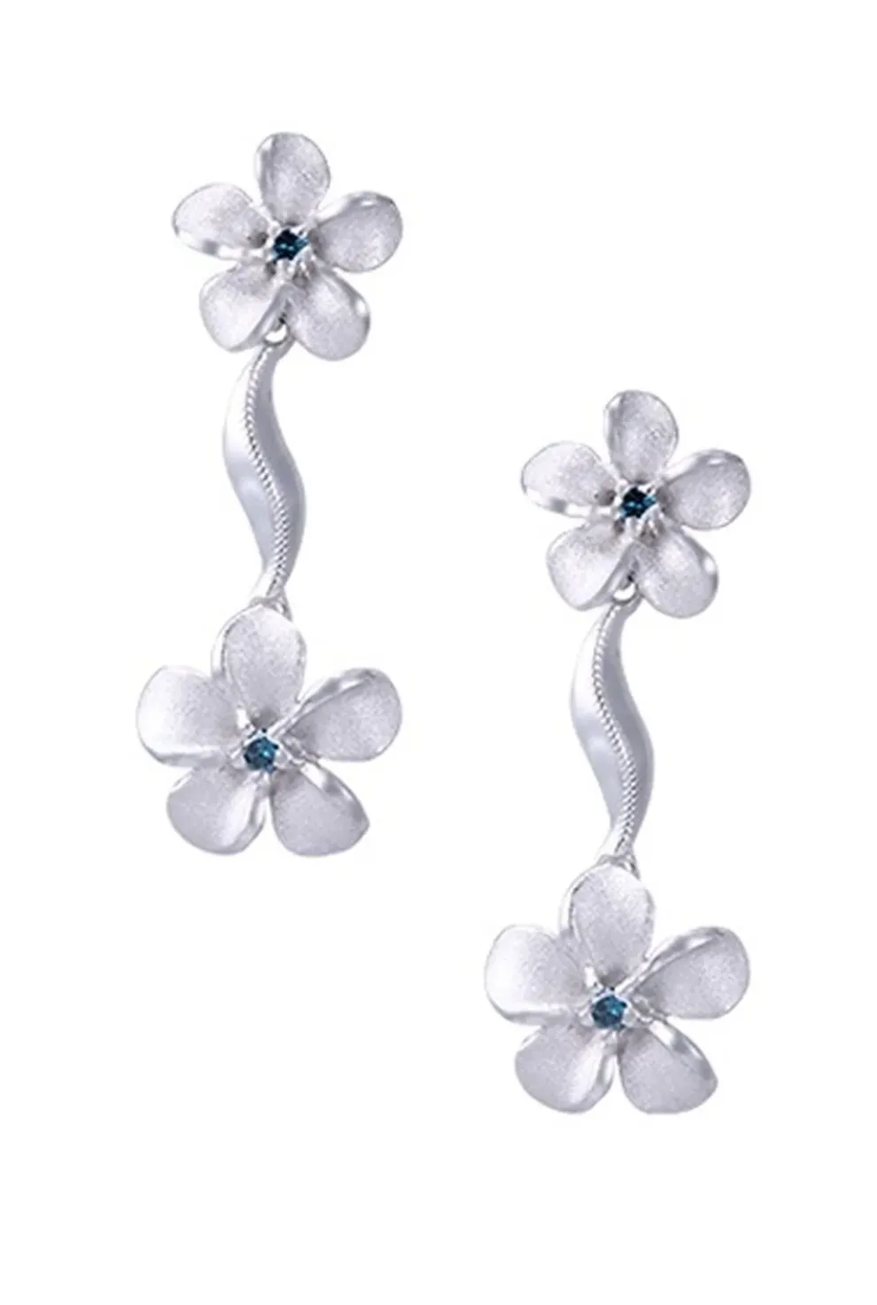 14K Plumeria Lei Earrings With 4 Blue Diamonds