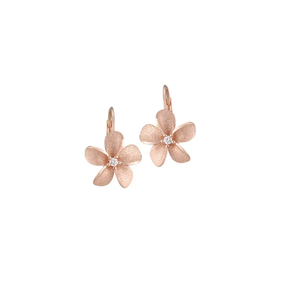 14K Rose Gold 11Mm Plumeria Earrings With 2 Diamonds