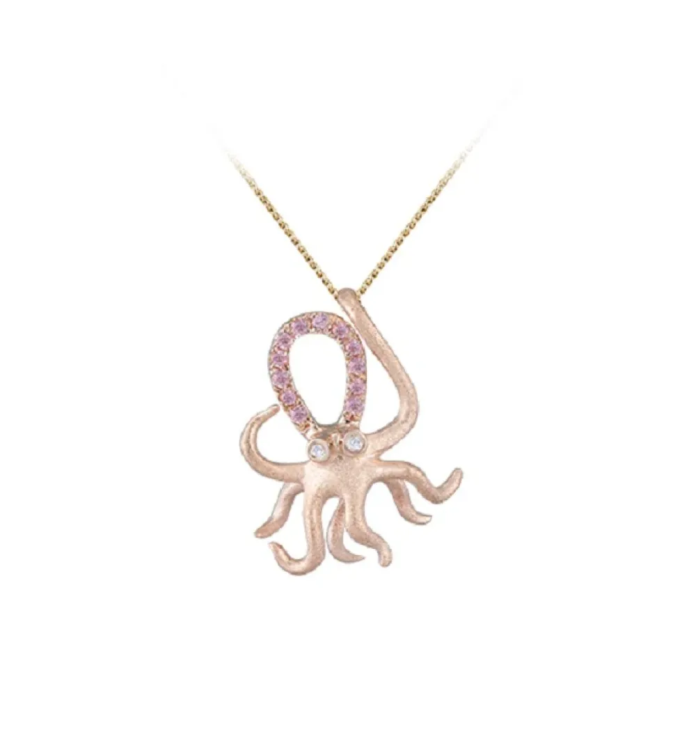 14K Rose Gold Octopus Pendant With 2 Diamonds And 12 Pastel Pink Sapphires