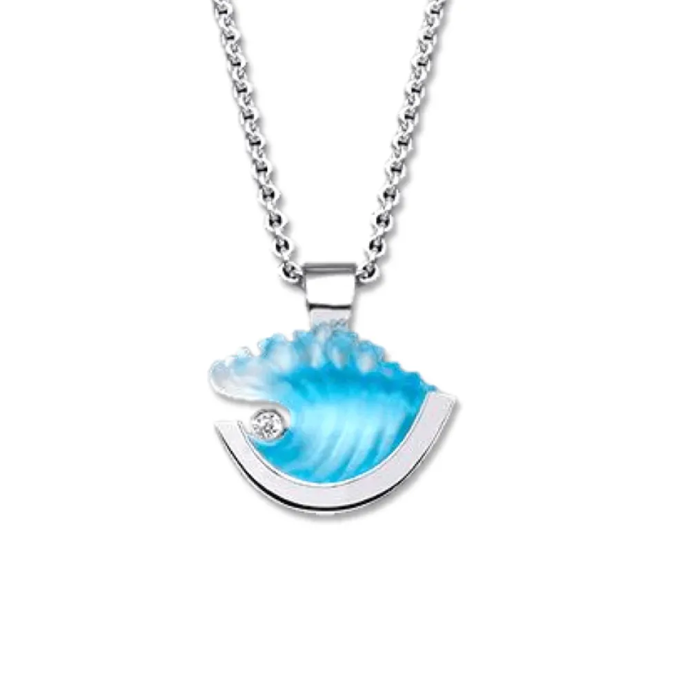 14K Small White Gold Wave Pendant With Diamond