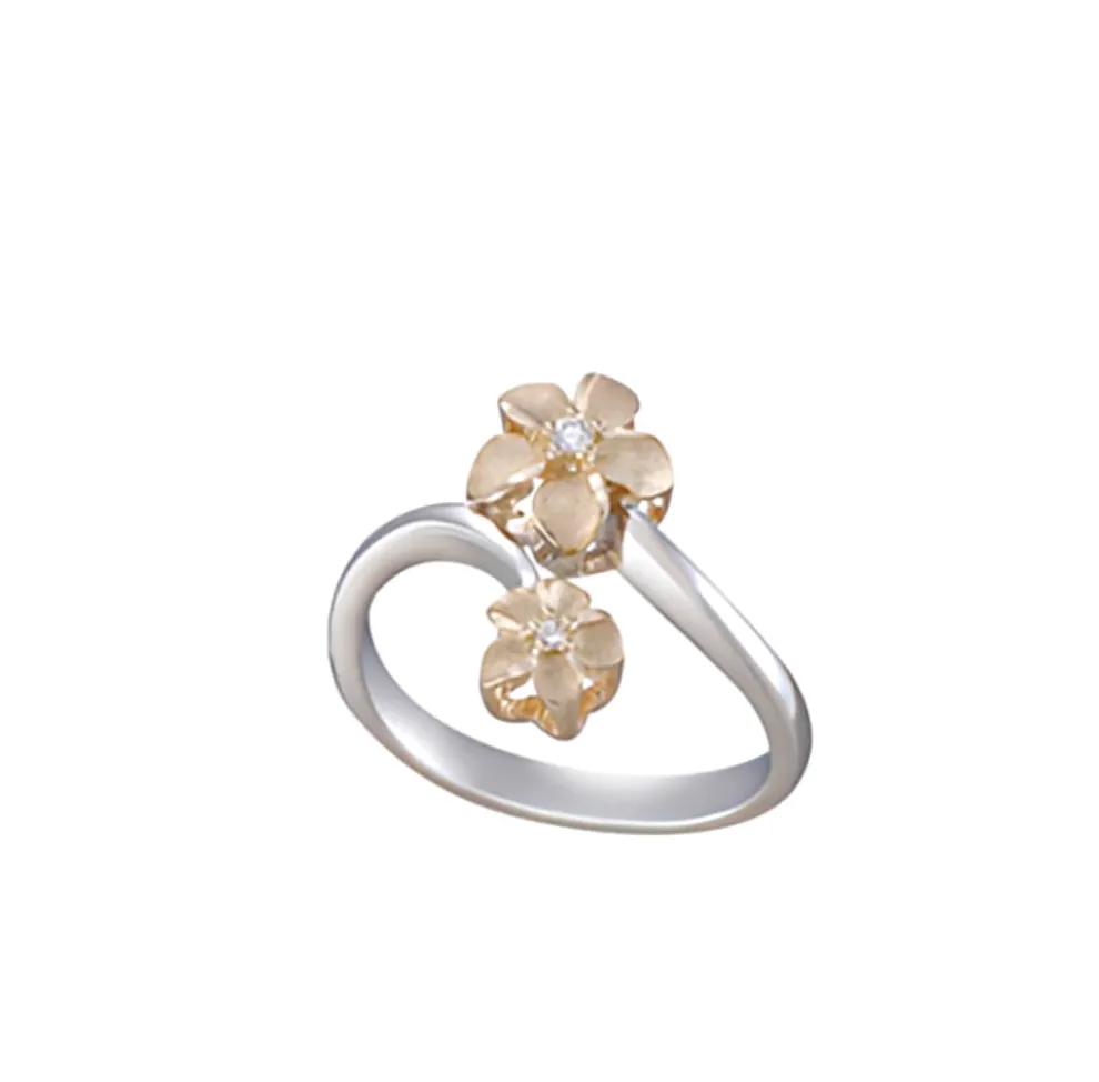 14K 2/Tone 6 & 8Mm "Hang 5" Plumeria Ring With 2 Diamonds