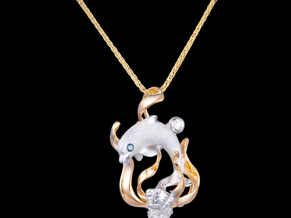 14K 2/Tone "Blue Lagoon' Dolphin Pendant With 0.01 Carat Blue Diamond