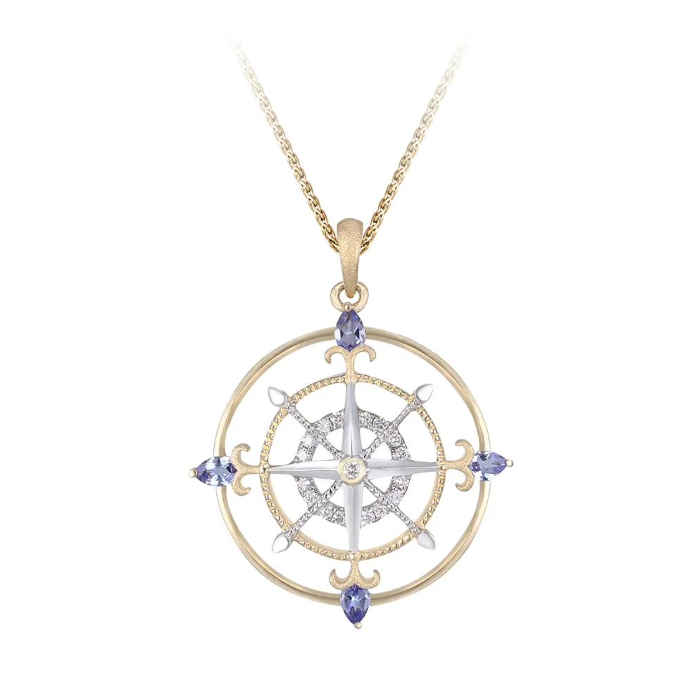 14K 2/Tone "Compass Rose" Pendant With 17 Diamonds And 4 Tanzanites