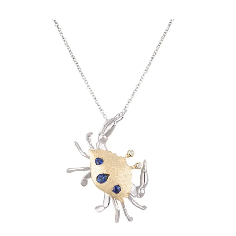 14K 2/Tone Crab Pendant With 2 Diamonds And 3 Sapphires