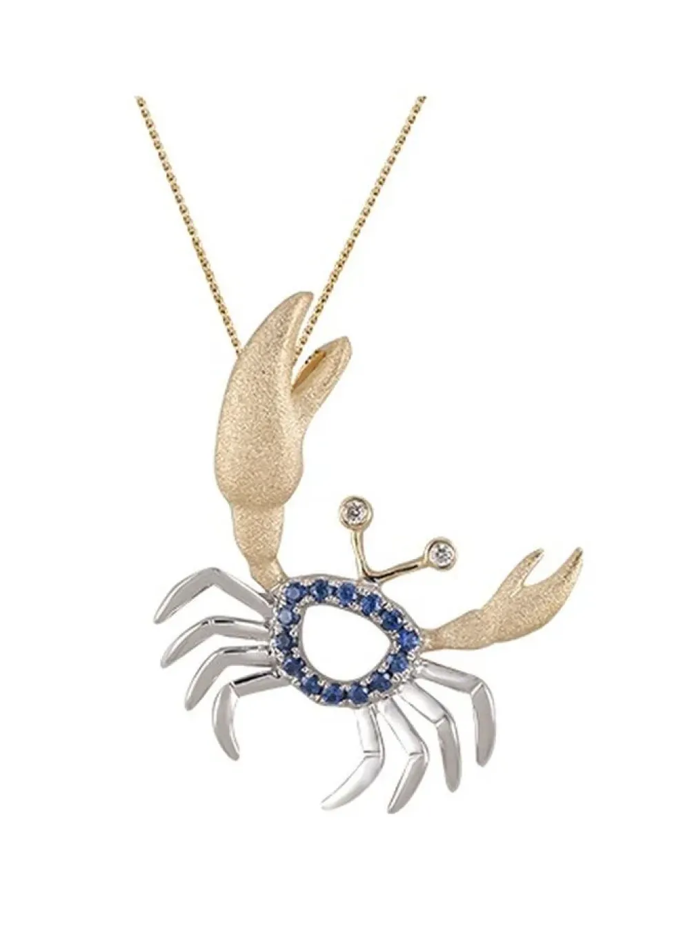 14K 2/Tone Crab Pendant With 2 Diamonds And 14 Blue Sapphires