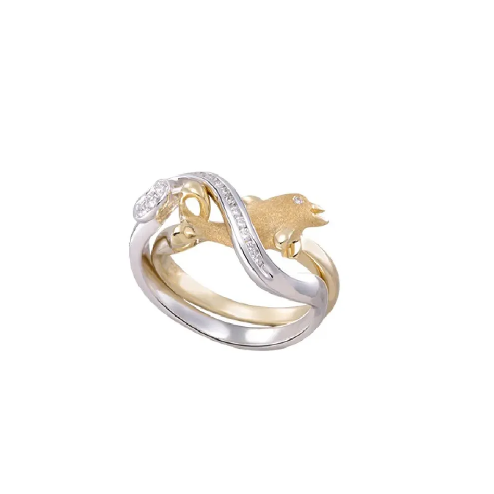 14K 2/Tone Dolphin Ring "Surfing Single" With Channel Set Band