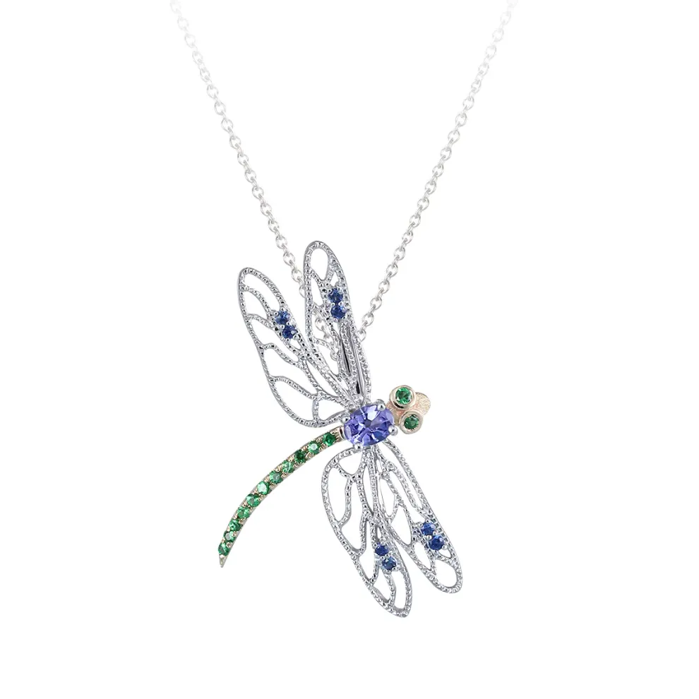 14K 2/Tone Dragonfly Pendant With Blue Sapphires, Tsavorites And Tanzanite