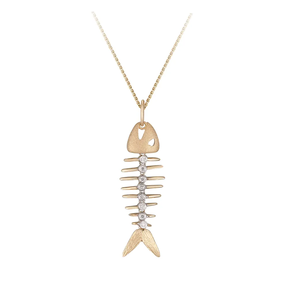 14K 2/Tone Fish Bone Pendant With 8 Diamonds