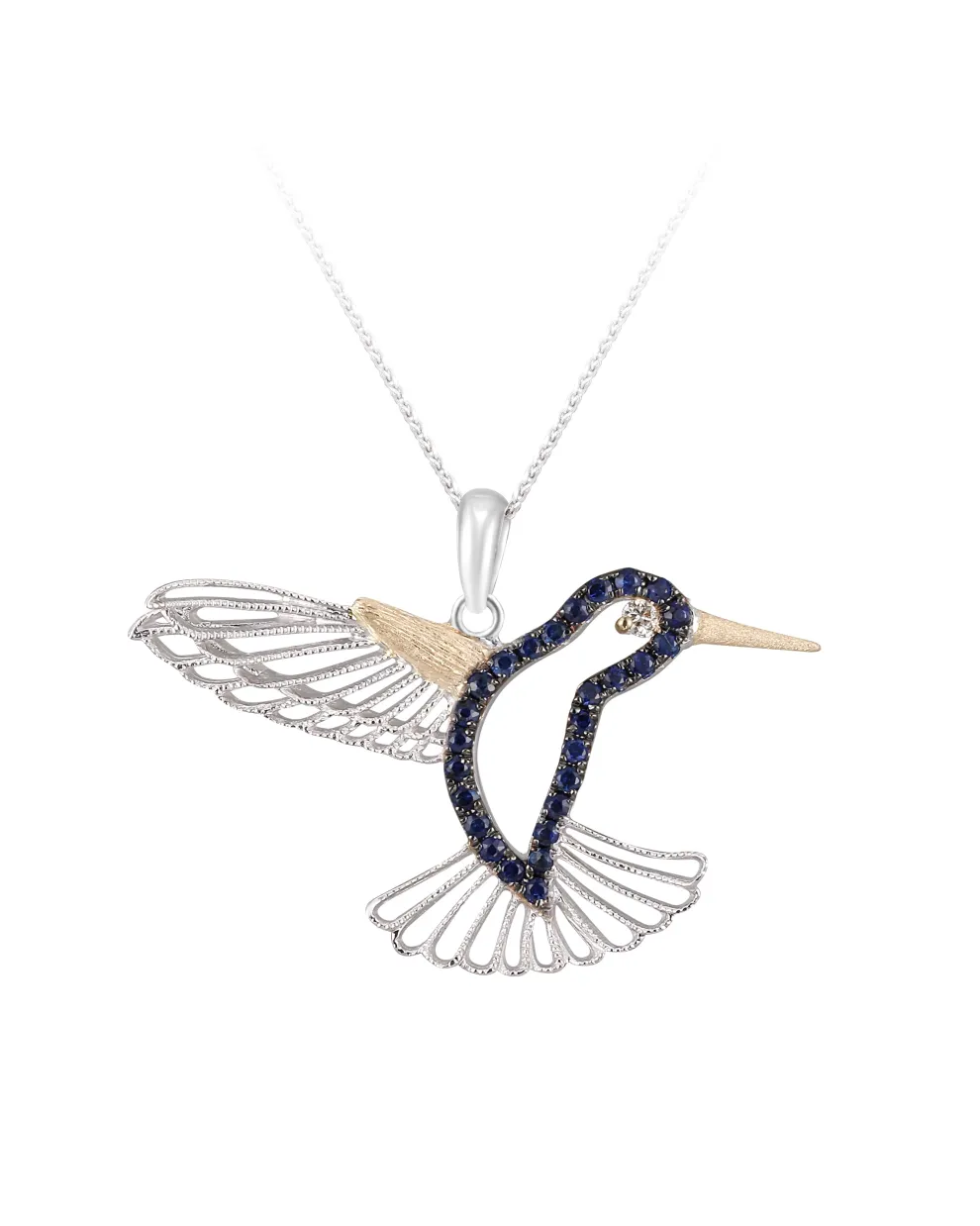 14K 2/Tone Hummingbird Pendant With Diamond And 27 Blue Sapphires