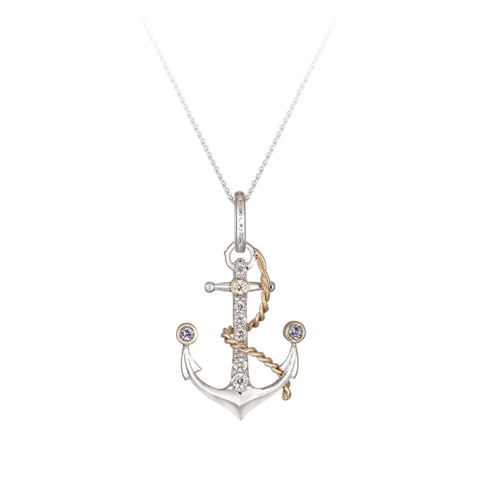 14K 2/Tone 20Mm "Anchor" Pendant With 2 Tanzanite And 8 Diamonds