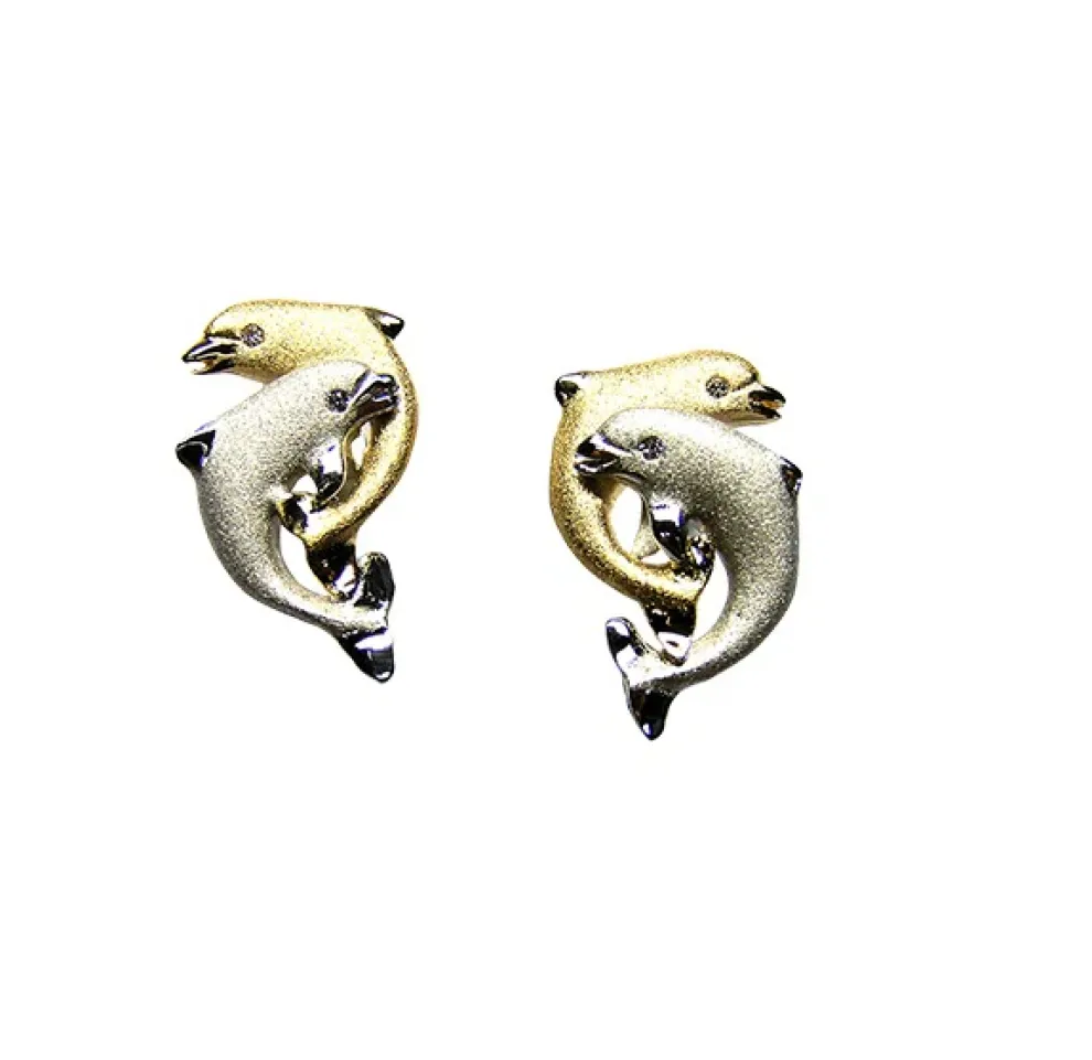 14K 2/Tone 15Mm "Dancing Couple" Dolphin Earrings With 4 Diamonds