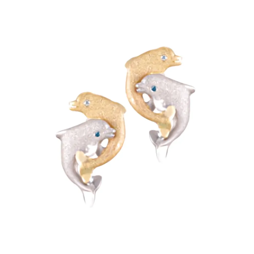 14K 2/Tone 15Mm "Dancing Couple" Dolphin Earrings