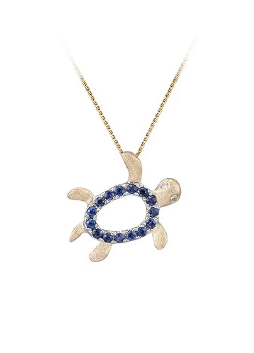 14K 2/Tone 12Mm "Hawaiian Petroglyph" Honu Pendant With 2 Diamonds And 15 Blue Sapphires