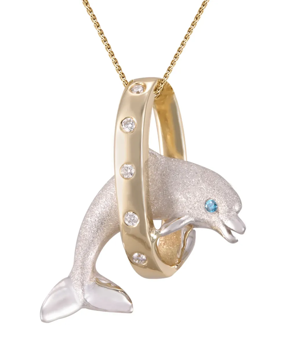 14K 2/Tone 20Mm "Jumping Loop" Dolphin Pendant With 5 Diamonds