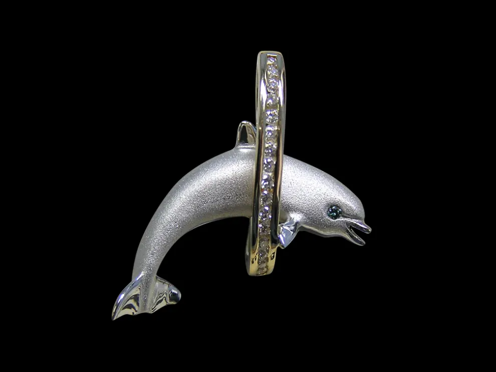 14K 2/Tone 28Mm "Jumping Loop" Dolphin Pendant With 16 Diamonds