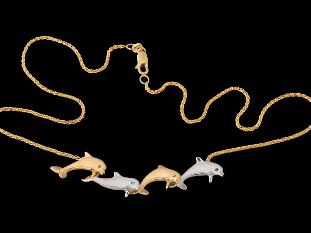 14K 2/Tone 20Mm "Open Sea" Dolphin Necklace With 4 Diamonds