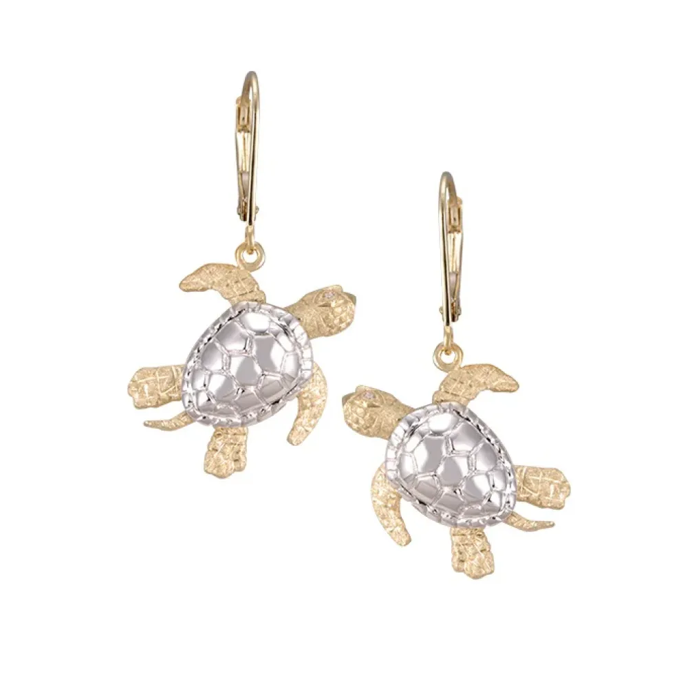 14K 2/Tone 20Mm Sea Turtle Earring With 4 Diamonds