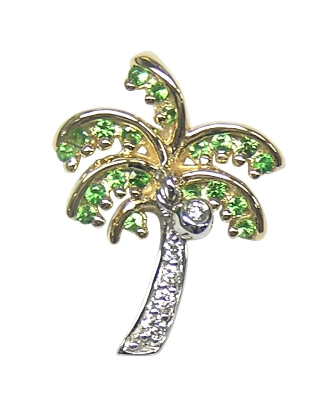 14K 2/Tone 15Mm Single Palm Tree Pendant With 5 Diamonds & 20 Tsavorites
