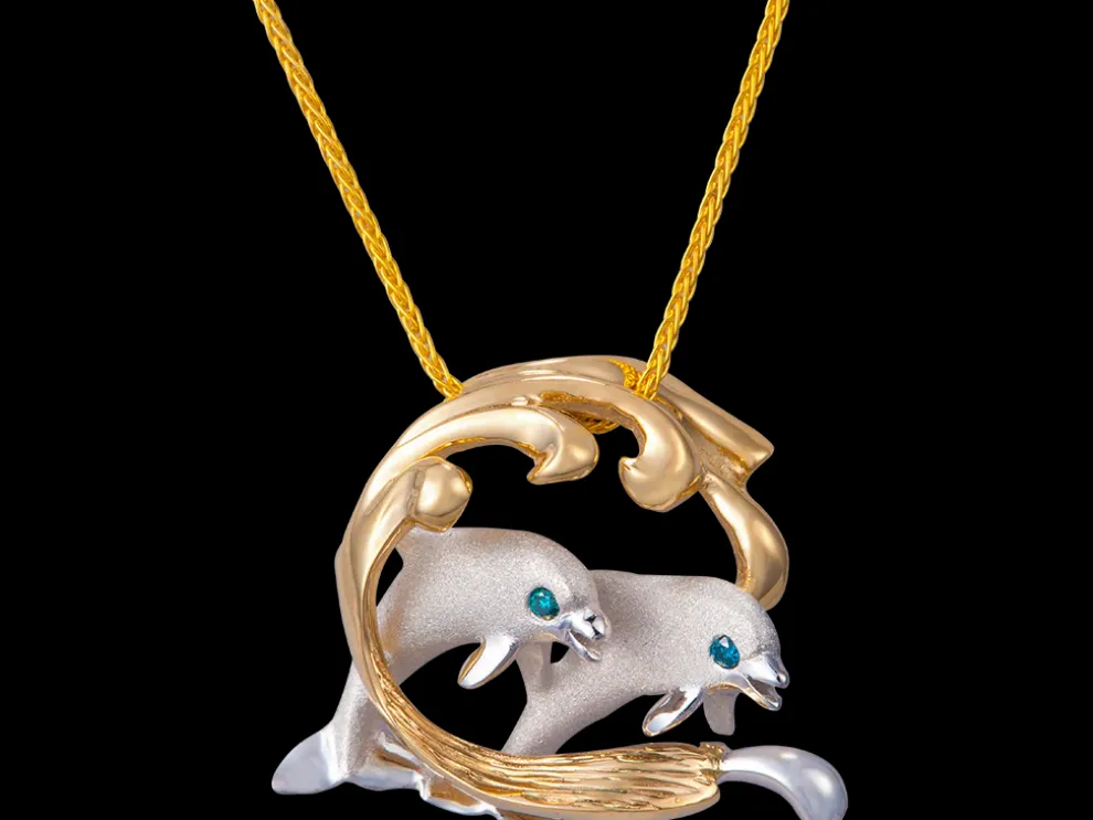 14K 2/Tone 25Mm Surfing Dolphin Pendant With 2 Blue Diamonds