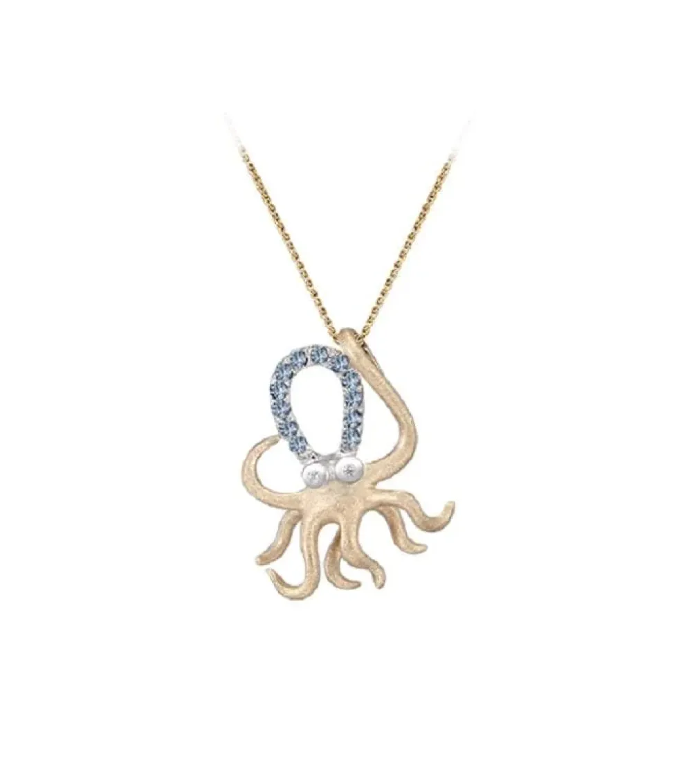 12K 2/Tone Octopus Pendant With 2 Diamonds And 12 Pastel Blue Sapphires