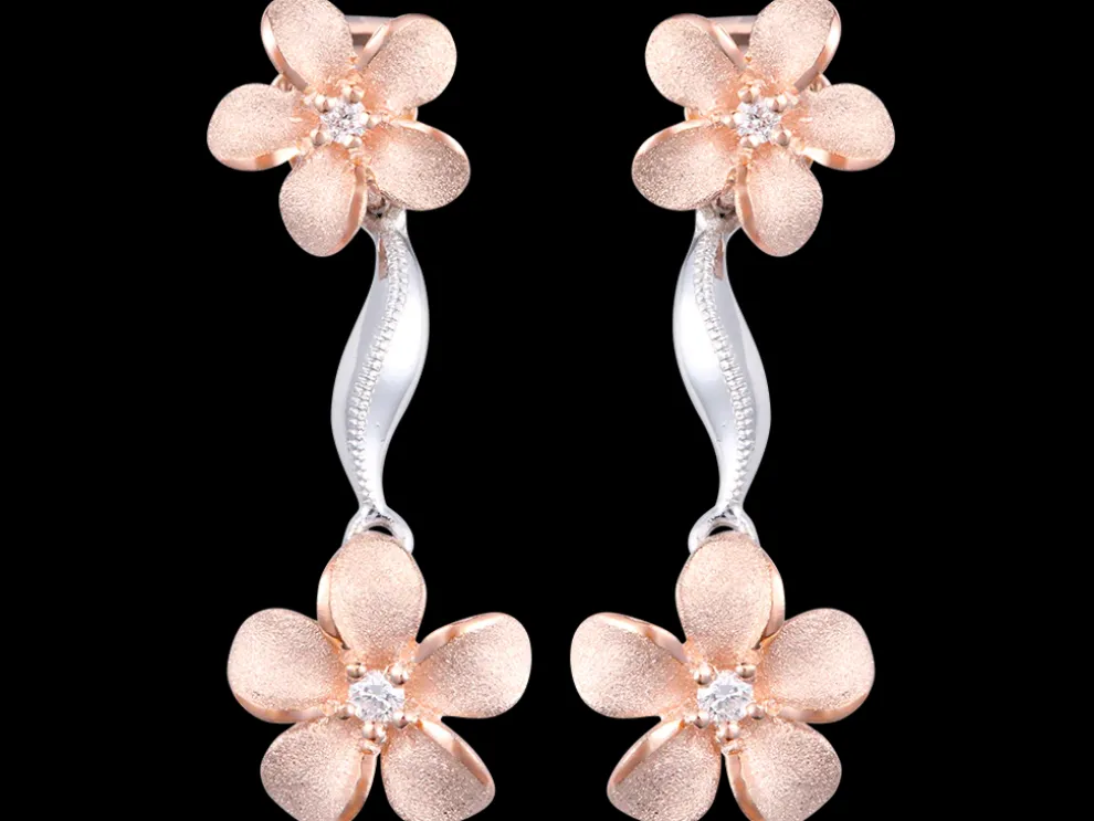 14K 2/Tone Plumeria Lei Earrings With 4 Diamonds