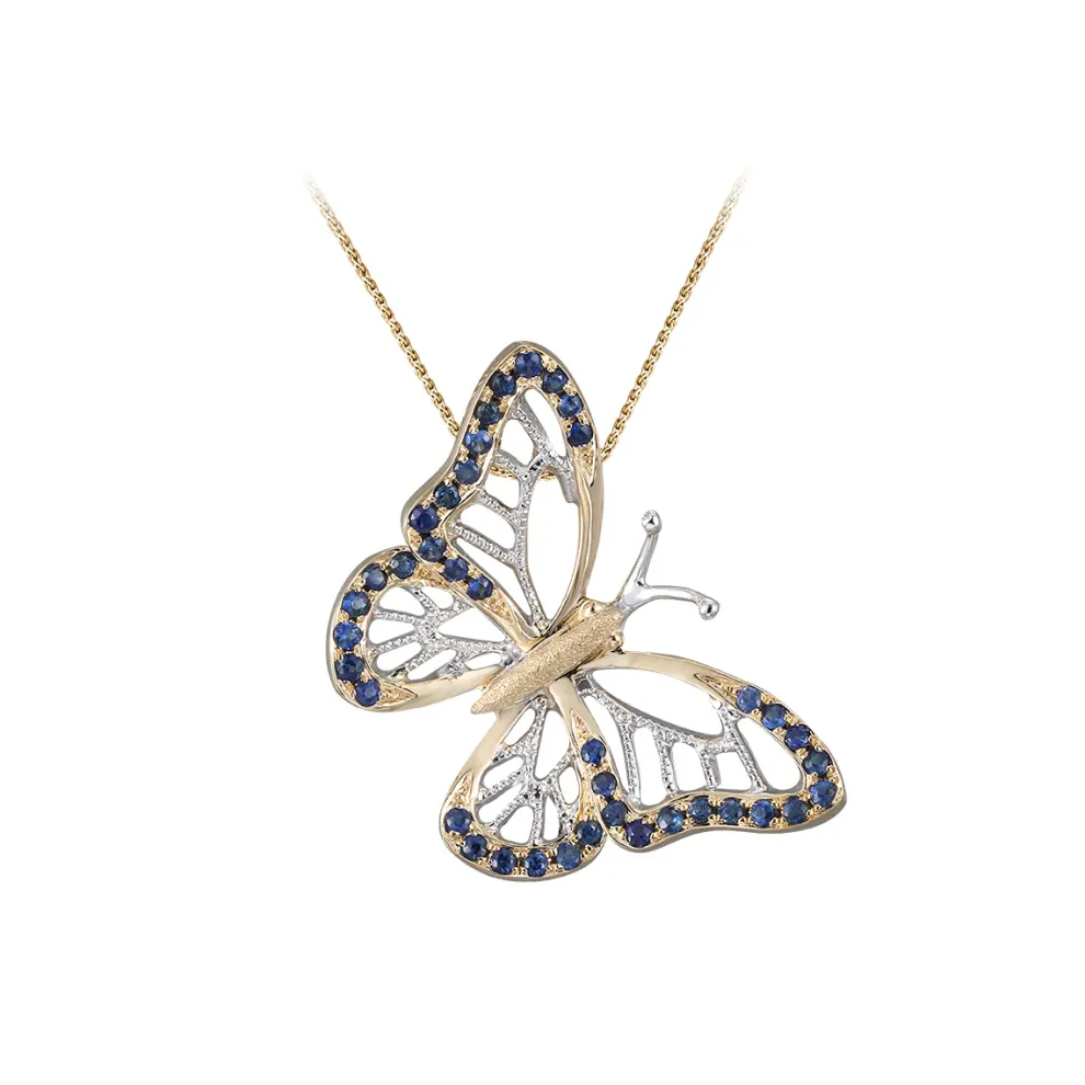 14K 2/Tone Single Butterfly Pendant With 40 Blue Sapphires